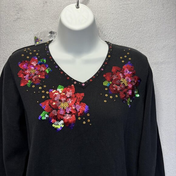 NEW Quacker Factory Floral Sequin Sweater Size XS Black‎ Holiday Long Sleeve Top - Picture 3 of 13